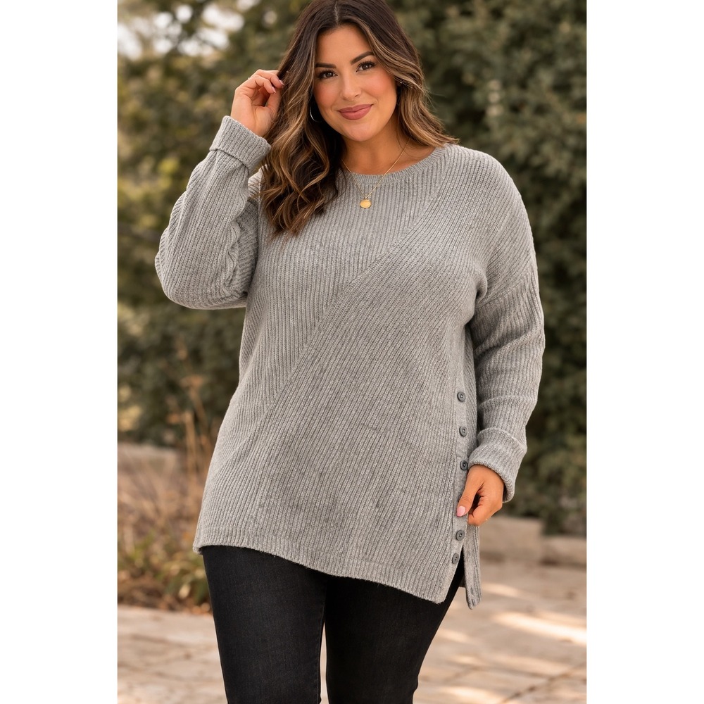 Roamans Womens 1X Ribbed Knit Sweater Gray Button Side Tunic Cozy Plus